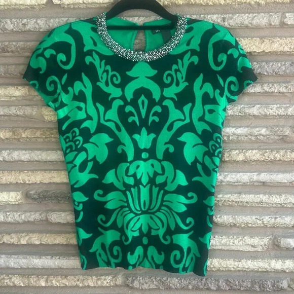 INC International Concepts Kelly Green and Black Beaded Neck Sweater - Picture 1 of 8